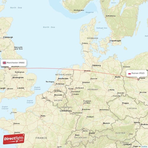 Manchester - Poznan direct flight map