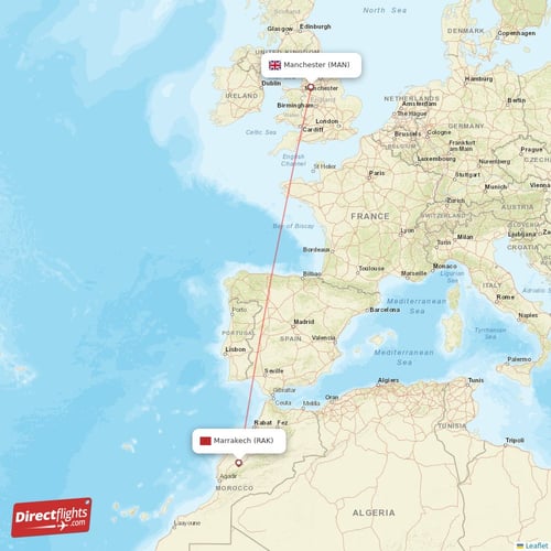 Manchester - Marrakech direct flight map