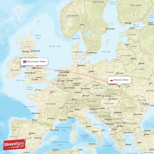 Manchester - Rzeszow direct flight map