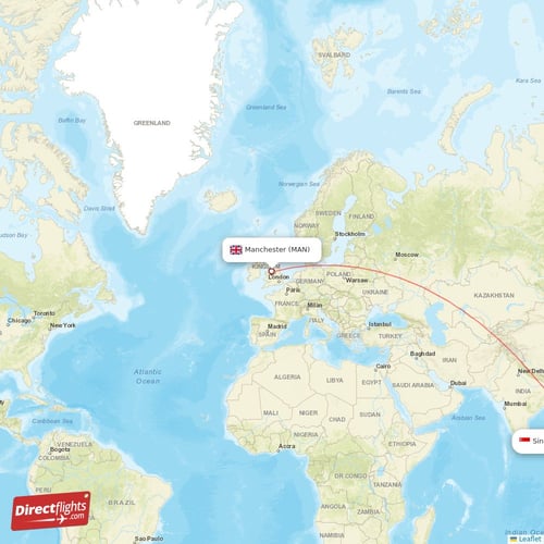 Manchester - Singapore direct flight map