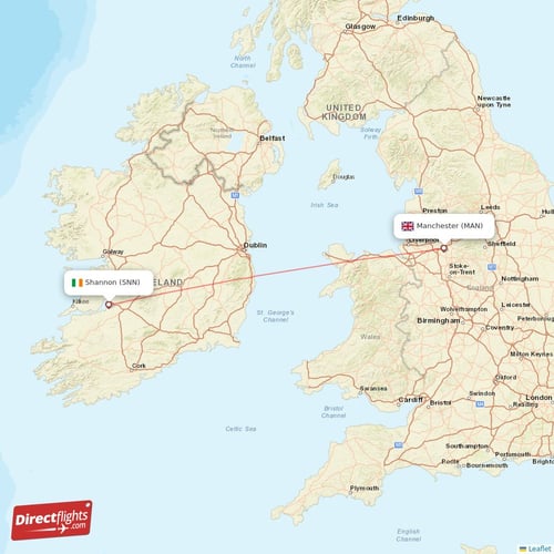 Manchester - Shannon direct flight map