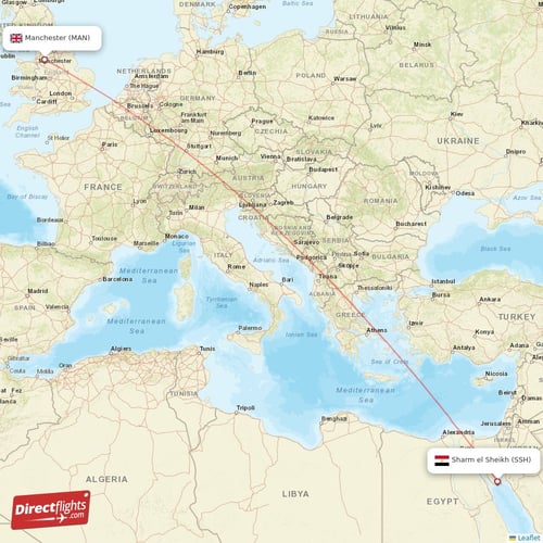 Manchester - Sharm el Sheikh direct flight map