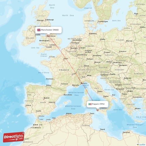 Manchester - Trapani direct flight map