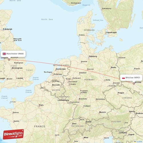Manchester - Wroclaw direct flight map