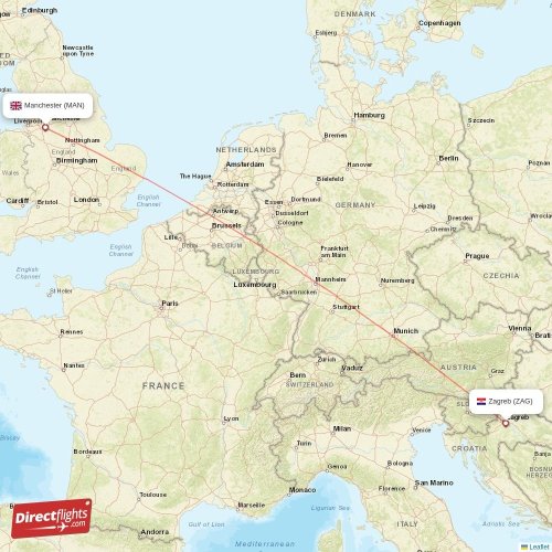 Manchester - Zagreb direct flight map