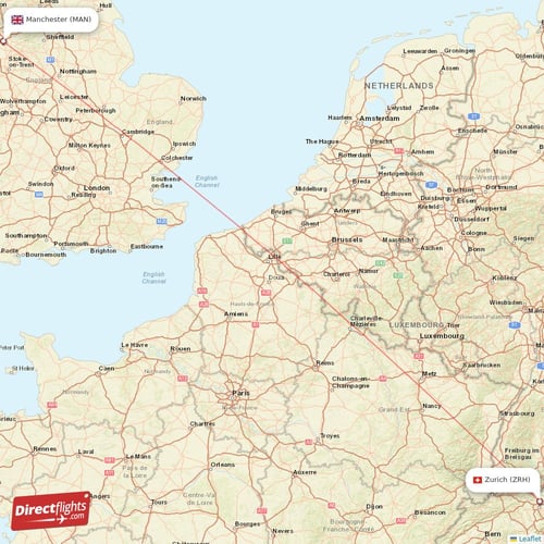Manchester - Zurich direct flight map