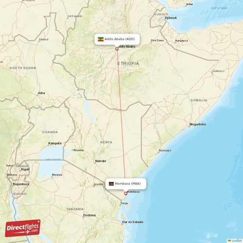 Mombasa - Addis Ababa direct flight map