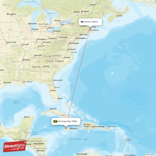 Montego Bay - Boston direct flight map