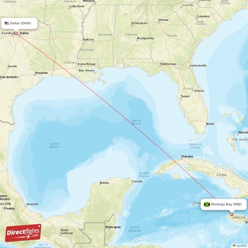 Montego Bay - Dallas direct flight map