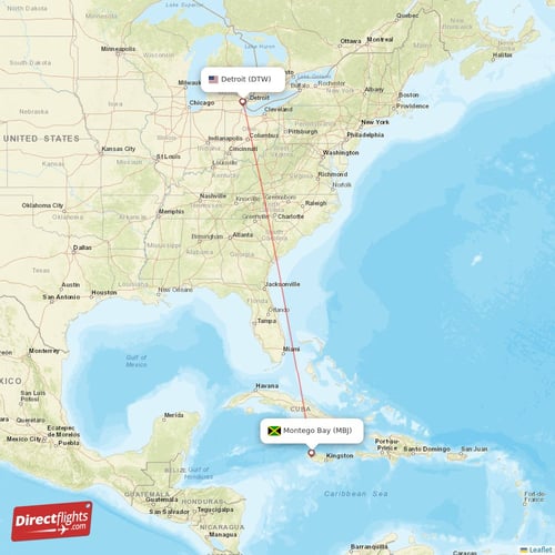 Montego Bay - Detroit direct flight map
