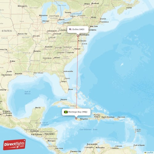 Montego Bay - Dulles direct flight map