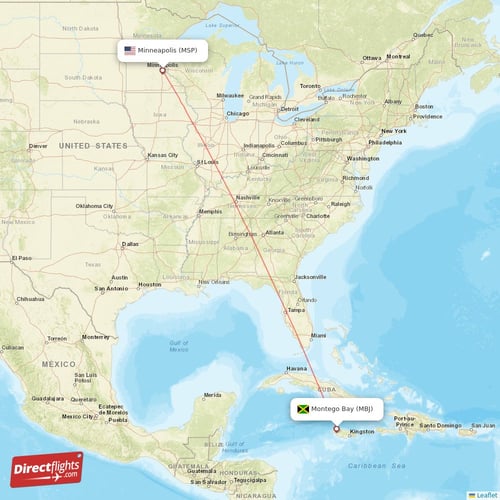 Montego Bay - Minneapolis direct flight map