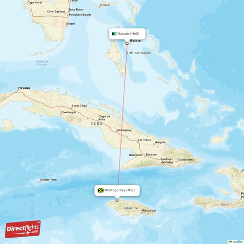 Montego Bay - Nassau direct flight map