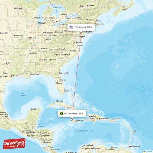 Montego Bay - Philadelphia direct flight map