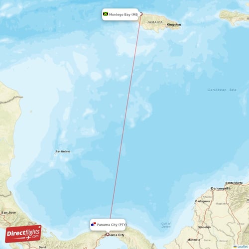 Montego Bay - Panama City direct flight map