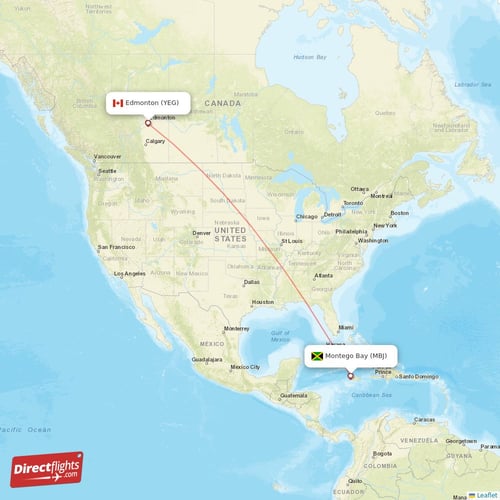 Montego Bay - Edmonton direct flight map