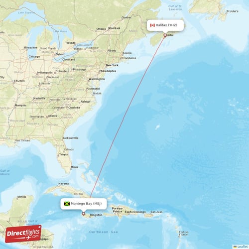 Montego Bay - Halifax direct flight map