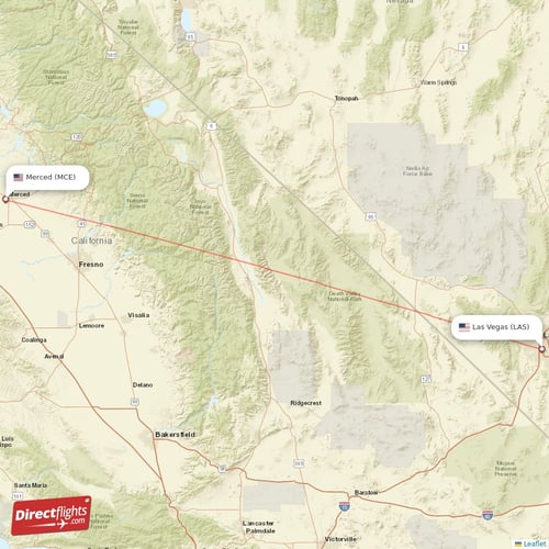 Merced - Las Vegas direct flight map