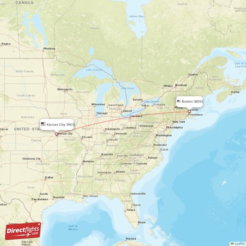Kansas City - Boston direct flight map