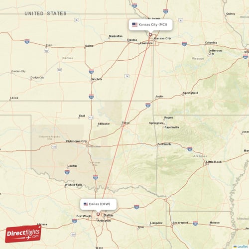 Kansas City - Dallas direct flight map