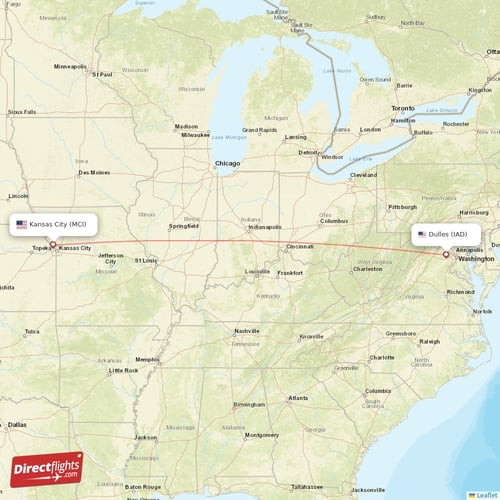 Kansas City - Dulles direct flight map