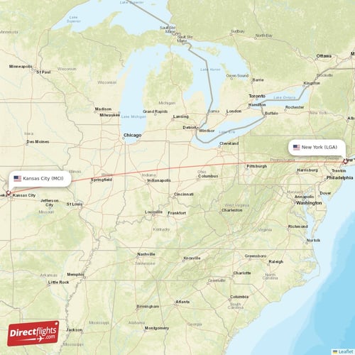 Kansas City - New York direct flight map
