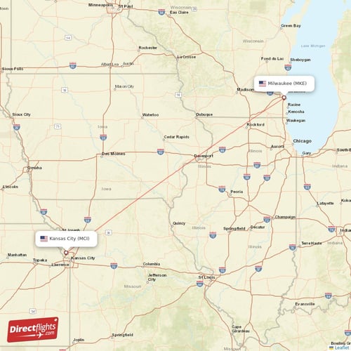 Kansas City - Milwaukee direct flight map