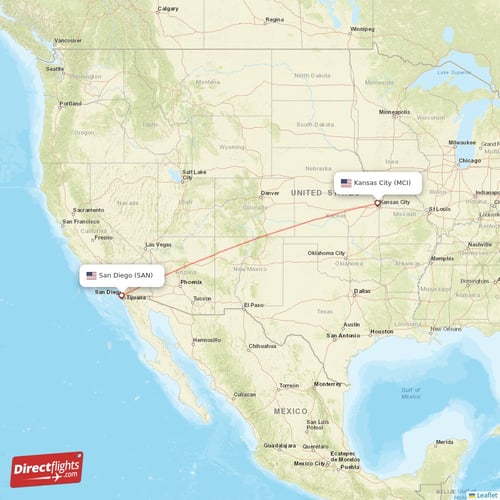 Kansas City - San Diego direct flight map