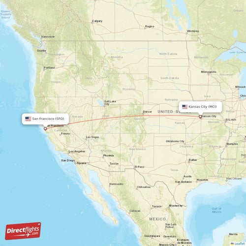 Kansas City - San Francisco direct flight map