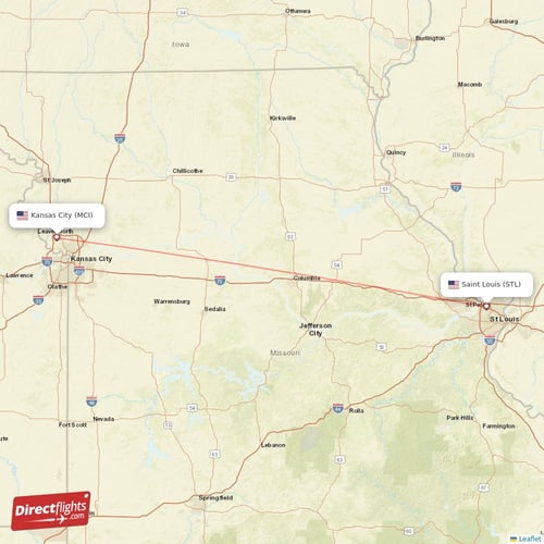 Kansas City - Saint Louis direct flight map