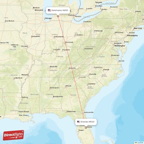 Orlando - Kalamazoo direct flight map