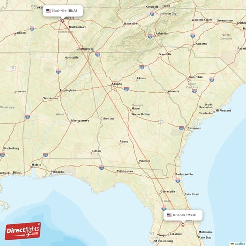 Orlando - Nashville direct flight map