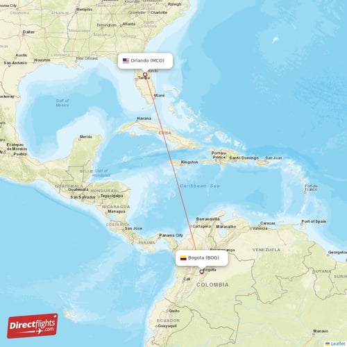 Orlando - Bogota direct flight map