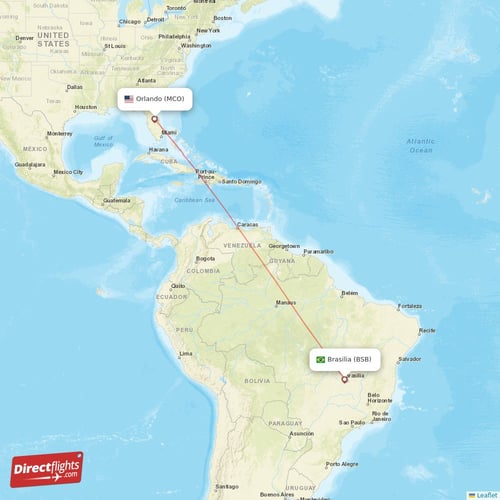 Orlando - Brasilia direct flight map