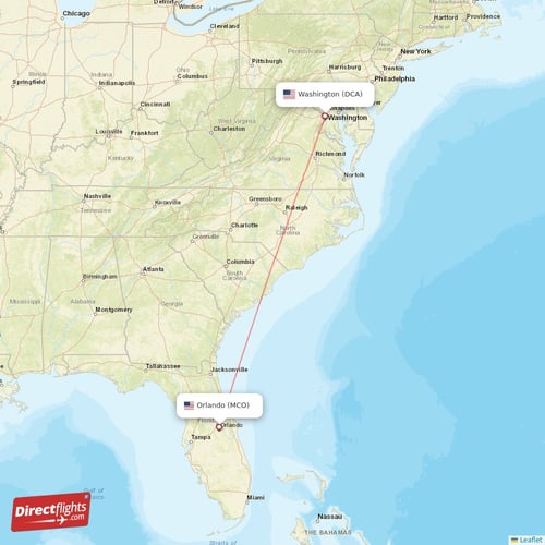 Orlando - Washington direct flight map