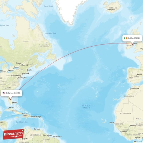 Orlando - Dublin direct flight map