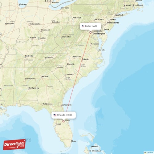 Orlando - Dulles direct flight map