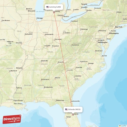 Orlando - Lansing direct flight map