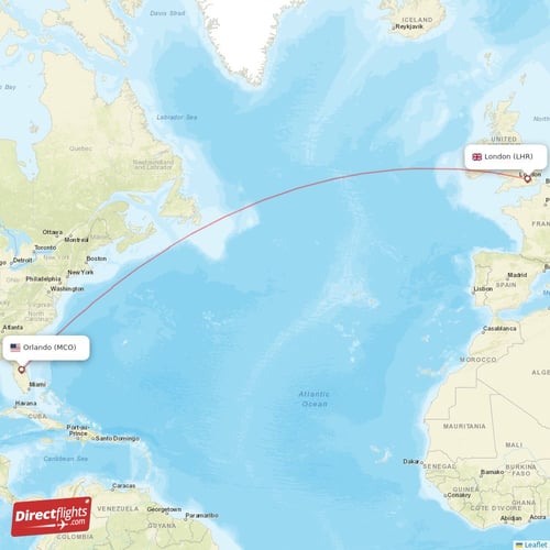 Orlando - London direct flight map