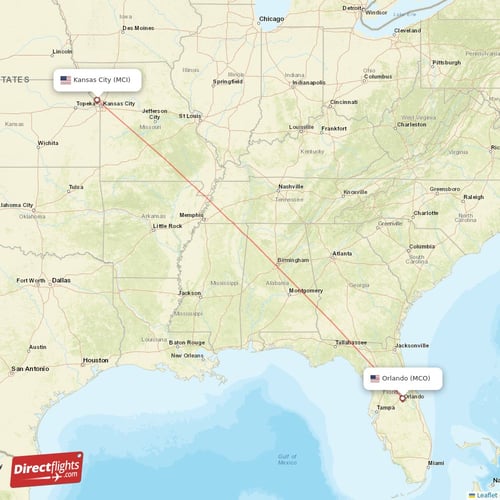 Orlando - Kansas City direct flight map