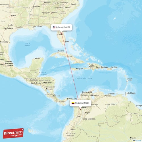 Orlando - Medellin direct flight map