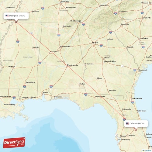 Orlando - Memphis direct flight map