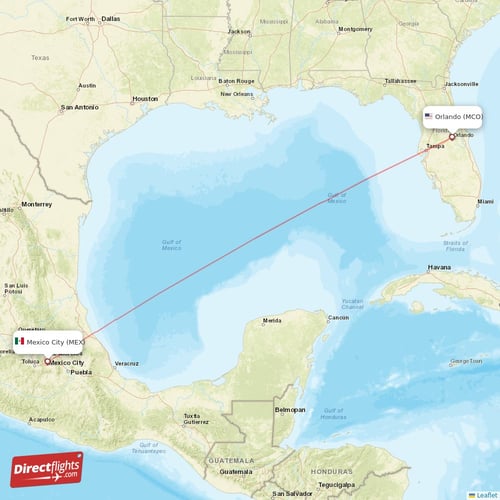 Orlando - Mexico City direct flight map