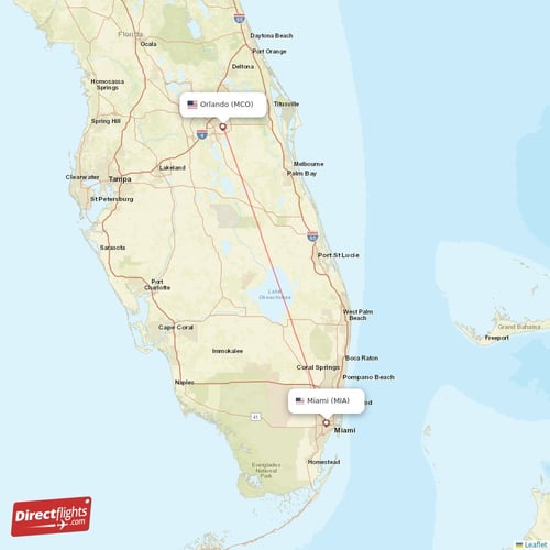Orlando - Miami direct flight map