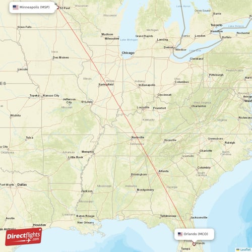 Orlando - Minneapolis direct flight map