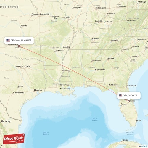 Orlando - Oklahoma City direct flight map