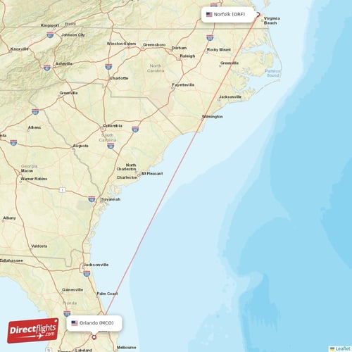 Orlando - Norfolk direct flight map