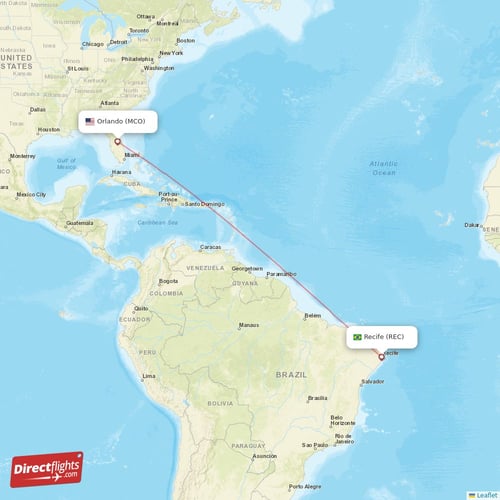 Orlando - Recife direct flight map