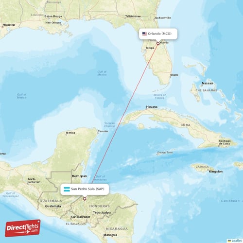 Orlando - San Pedro Sula direct flight map