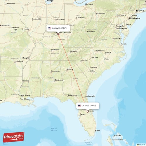 Orlando - Louisville direct flight map